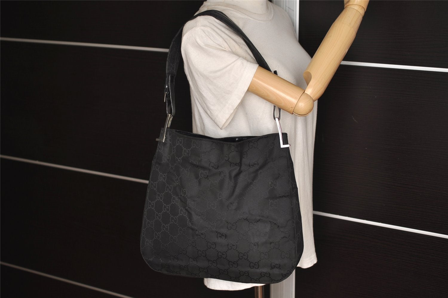 Authentic GUCCI Shoulder Hand Bag Purse GG Nylon Leather 0013166 Black 0642K