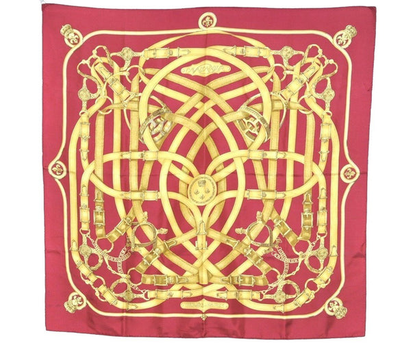 Authentic HERMES Carre 90 Scarf "CAVALCADOUR" Silk Bordeaux Red 0643J