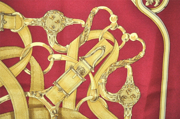 Authentic HERMES Carre 90 Scarf "CAVALCADOUR" Silk Bordeaux Red 0643J