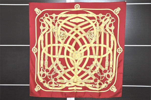 Authentic HERMES Carre 90 Scarf "CAVALCADOUR" Silk Bordeaux Red 0643J