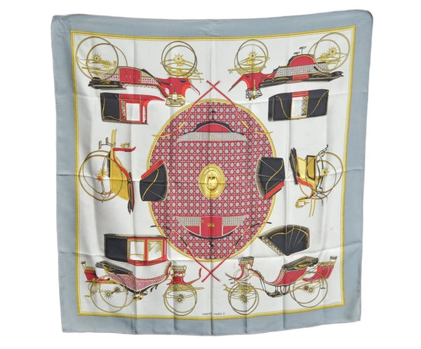 Authentic HERMES Carre 90 Scarf "LES VOITURES A TRANSFORMATION" Silk Gray 0644J