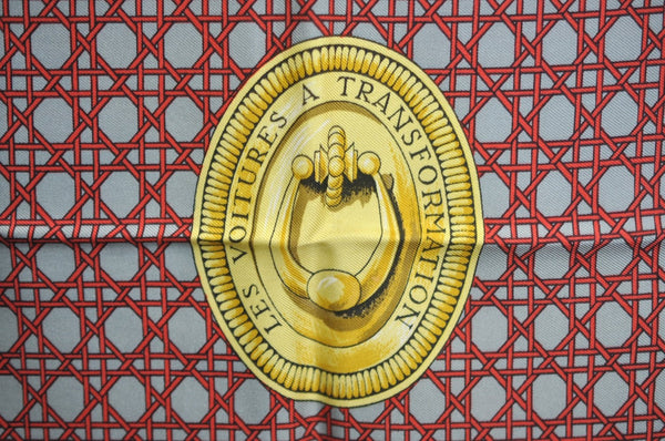Authentic HERMES Carre 90 Scarf "LES VOITURES A TRANSFORMATION" Silk Gray 0644J