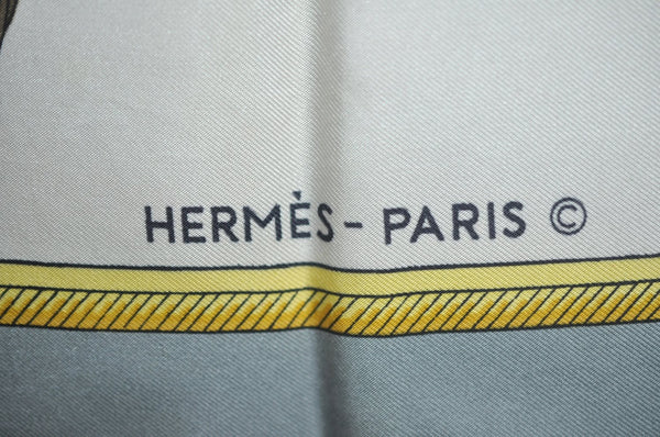 Authentic HERMES Carre 90 Scarf "LES VOITURES A TRANSFORMATION" Silk Gray 0644J