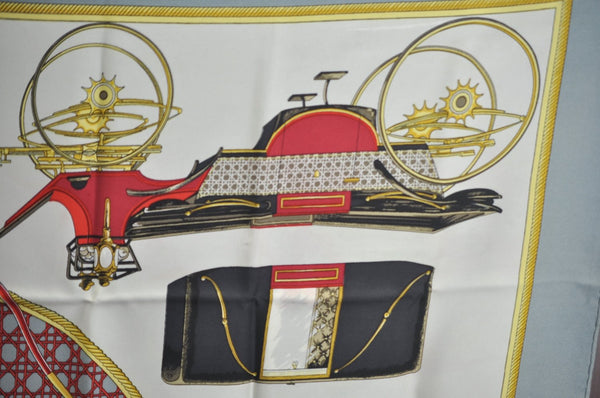 Authentic HERMES Carre 90 Scarf "LES VOITURES A TRANSFORMATION" Silk Gray 0644J
