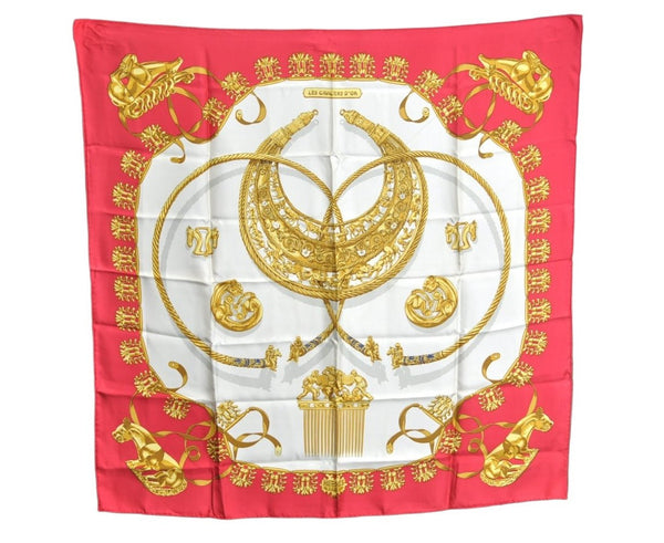 Authentic HERMES Carre 90 Scarf "LES CAVALIERS D'OR" Silk Red 0645J