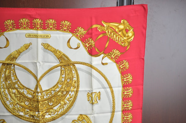 Authentic HERMES Carre 90 Scarf "LES CAVALIERS D'OR" Silk Red 0645J