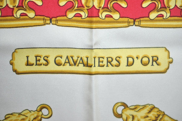 Authentic HERMES Carre 90 Scarf "LES CAVALIERS D'OR" Silk Red 0645J