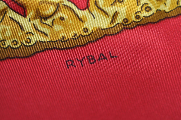 Authentic HERMES Carre 90 Scarf "LES CAVALIERS D'OR" Silk Red 0645J