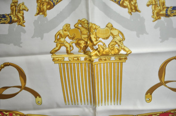 Authentic HERMES Carre 90 Scarf "LES CAVALIERS D'OR" Silk Red 0645J