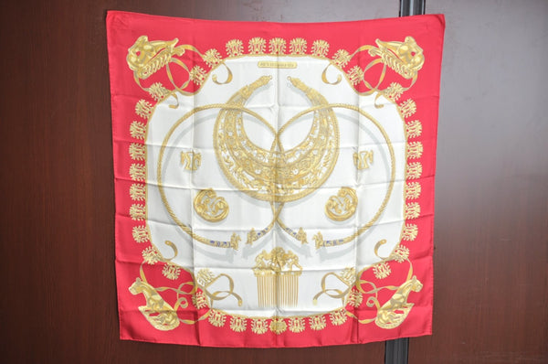 Authentic HERMES Carre 90 Scarf "LES CAVALIERS D'OR" Silk Red 0645J