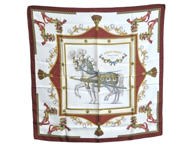 Authentic HERMES Carre 90 Scarf "HARNAIS FRANCAIS" Silk Brown 0646J