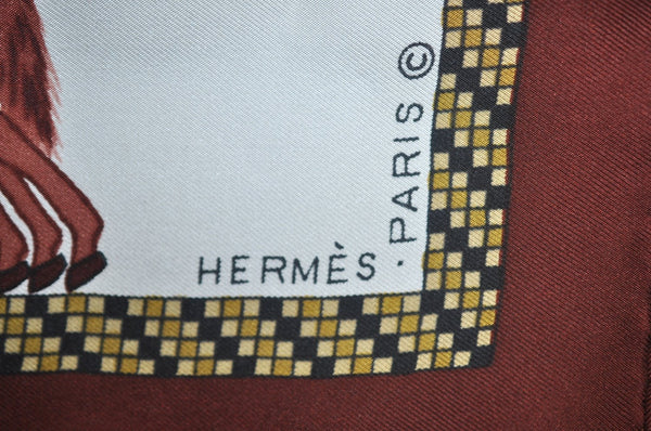 Authentic HERMES Carre 90 Scarf "HARNAIS FRANCAIS" Silk Brown 0646J