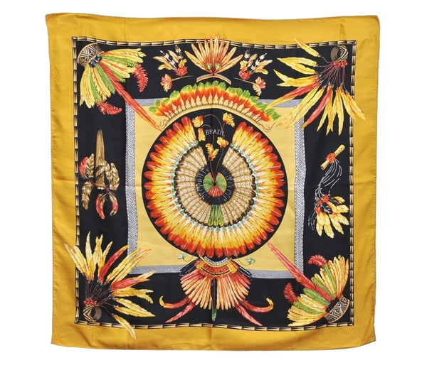 Authentic HERMES Carre 90 Scarf "BRAZIL" Silk Yellow 0649J
