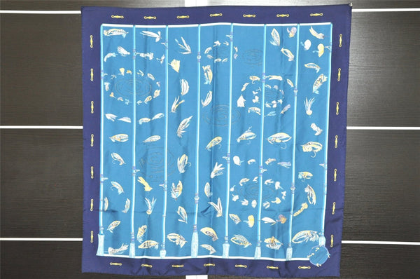 Authentic HERMES Carre 90 Scarf "Flies" Silk Navy Blue 0654J