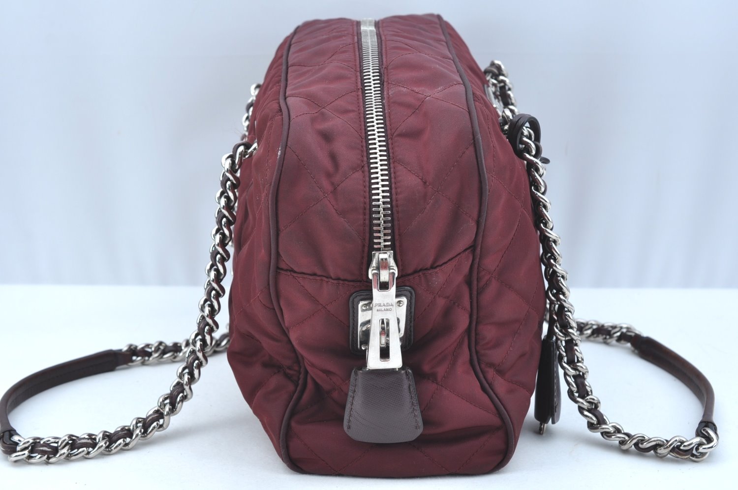 Authentic PRADA Nylon Tessuto Leather Chain Shoulder Hand Bag Bordeaux 0655H