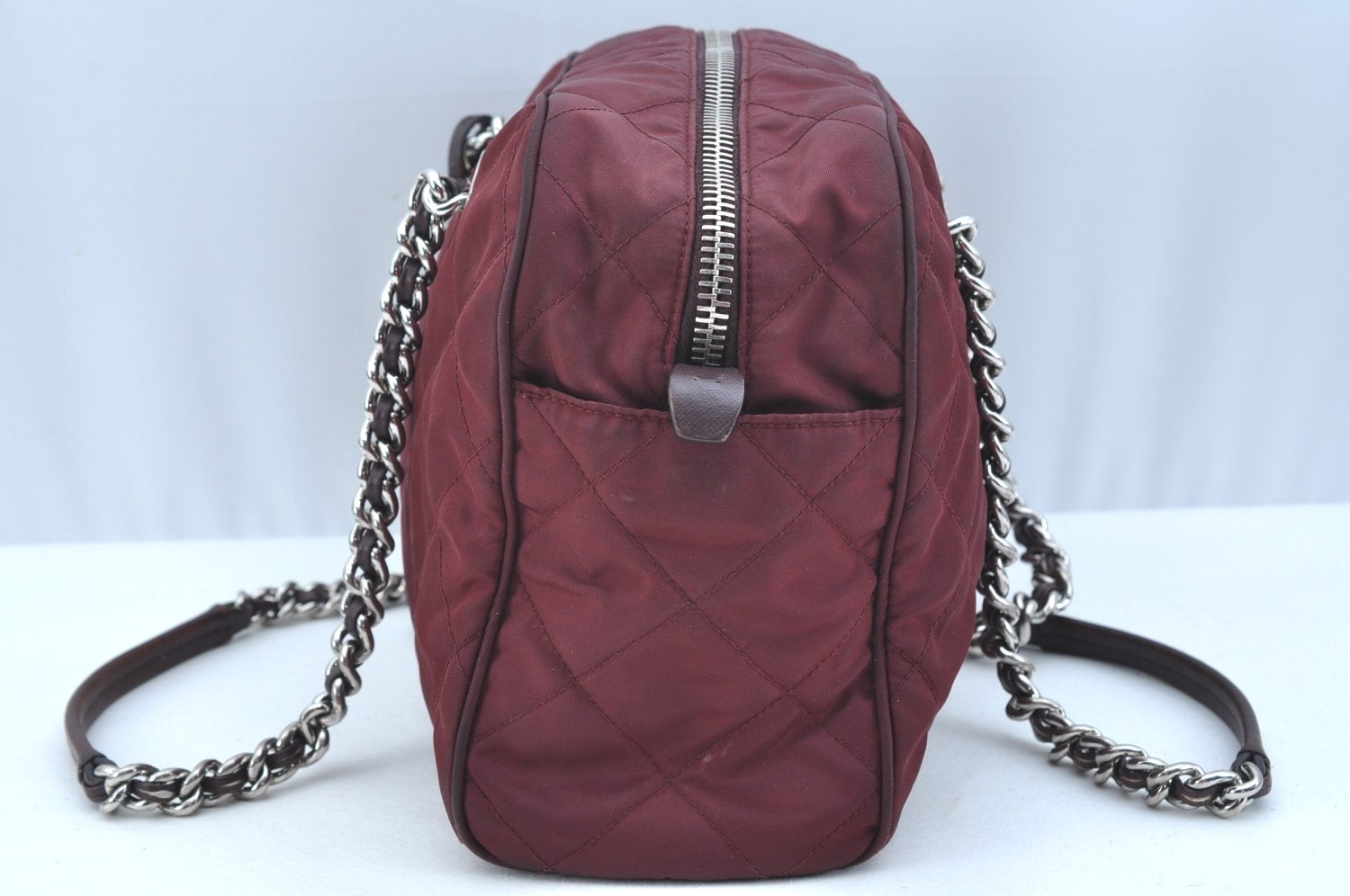 Authentic PRADA Nylon Tessuto Leather Chain Shoulder Hand Bag Bordeaux 0655H