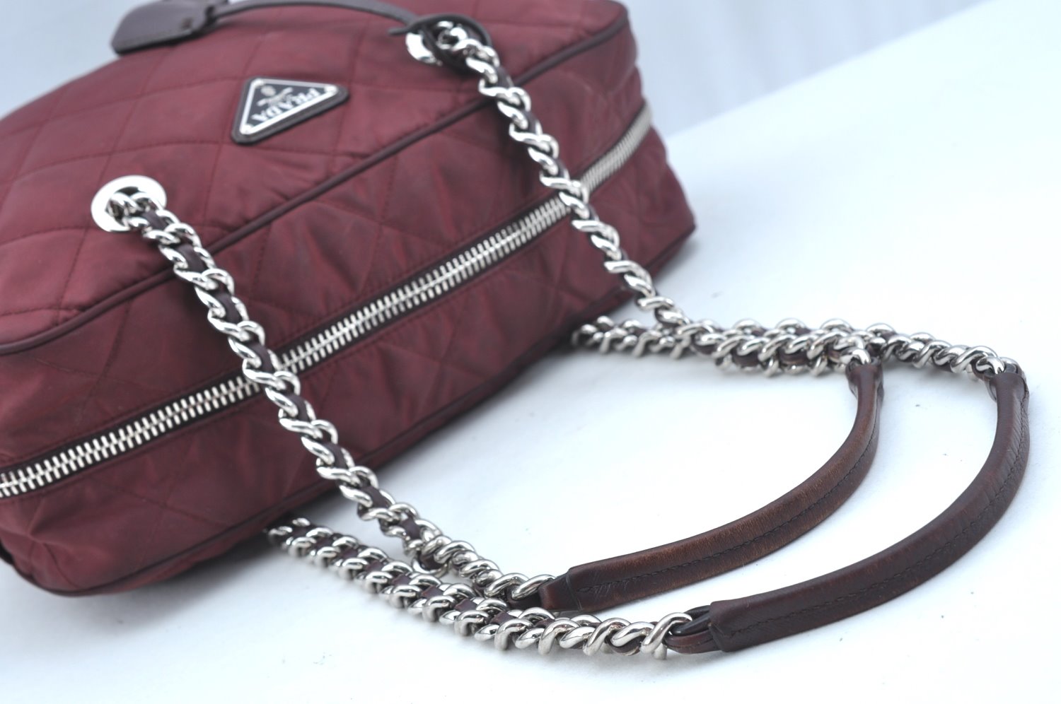 Authentic PRADA Nylon Tessuto Leather Chain Shoulder Hand Bag Bordeaux 0655H