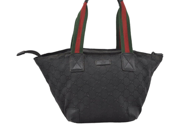 Authentic GUCCI Web Sherry Line Tote Bag GG Canvas Leather 131228 Black 0656J