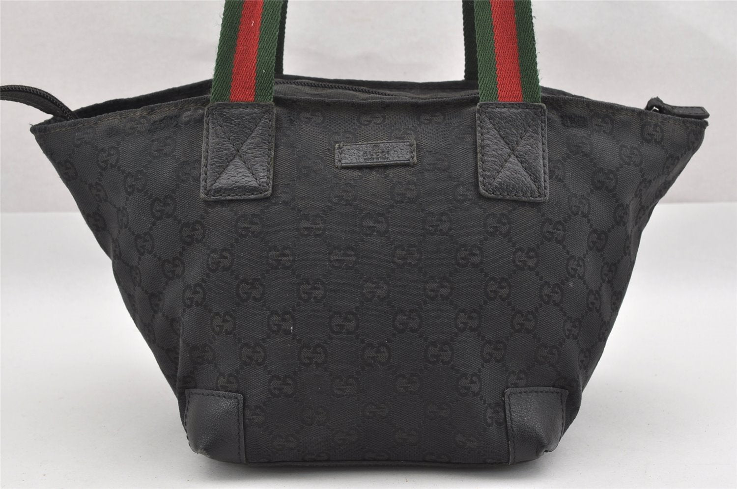 Authentic GUCCI Web Sherry Line Tote Bag GG Canvas Leather 131228 Black 0656J