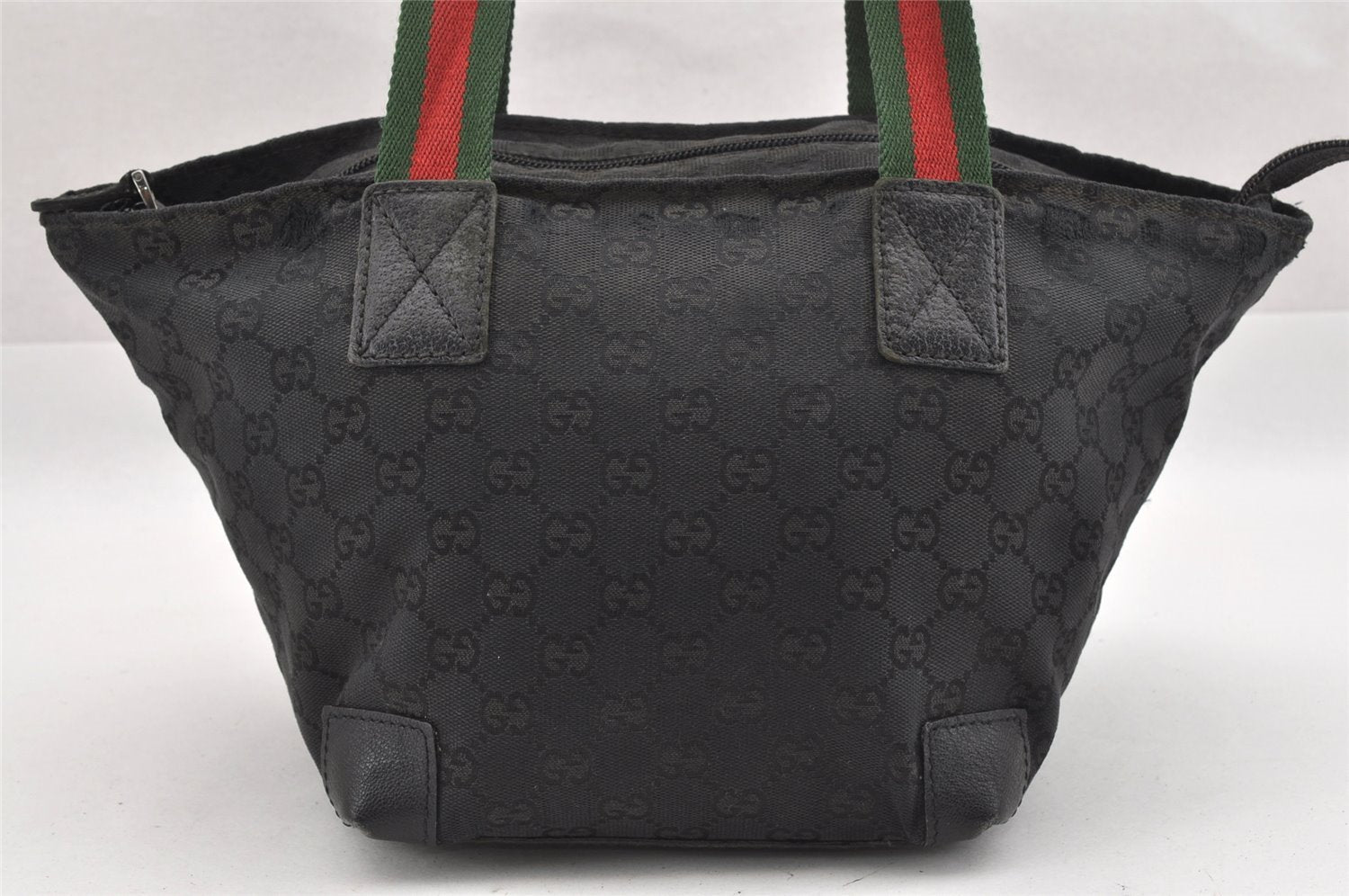 Authentic GUCCI Web Sherry Line Tote Bag GG Canvas Leather 131228 Black 0656J