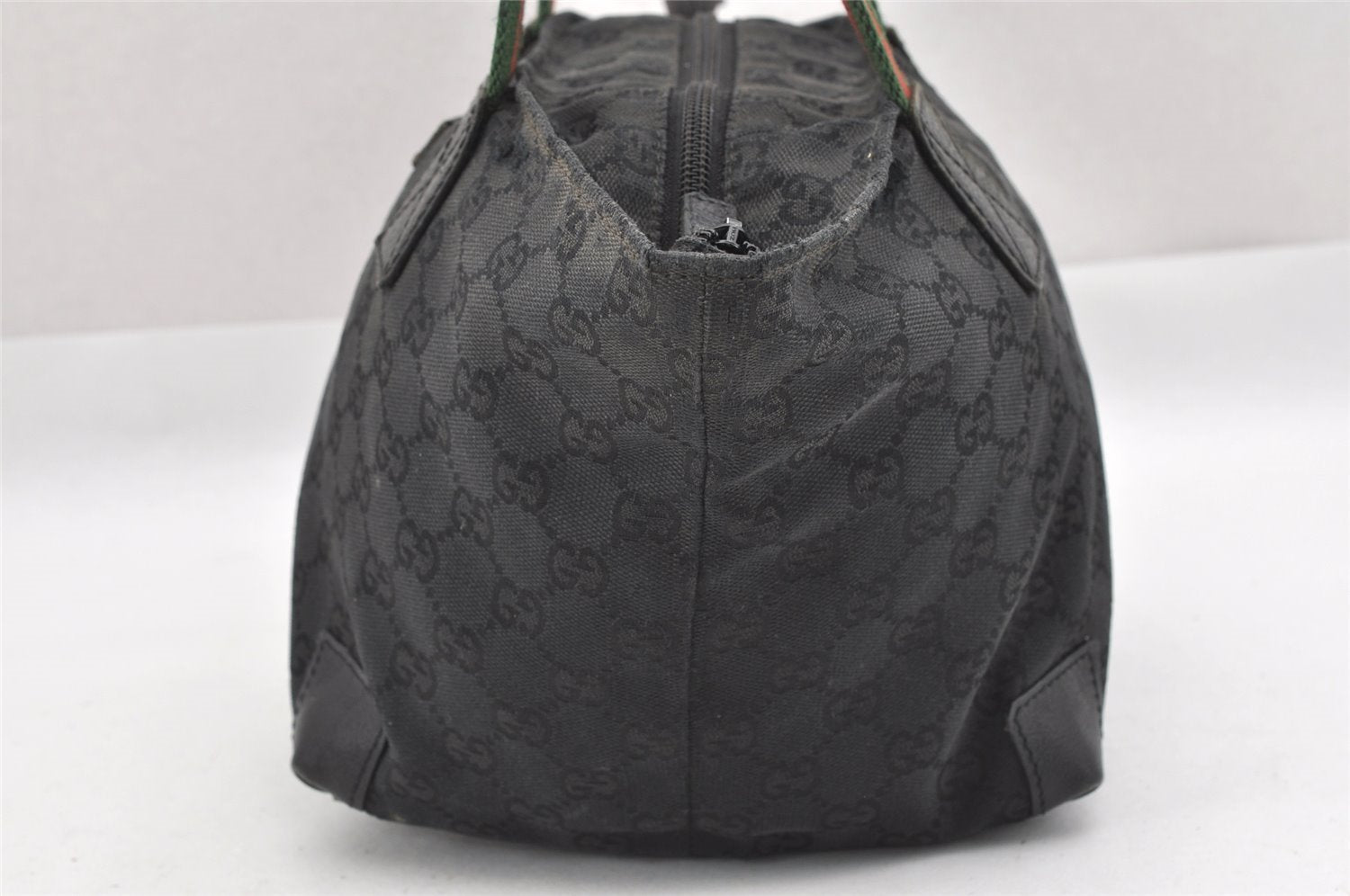 Authentic GUCCI Web Sherry Line Tote Bag GG Canvas Leather 131228 Black 0656J