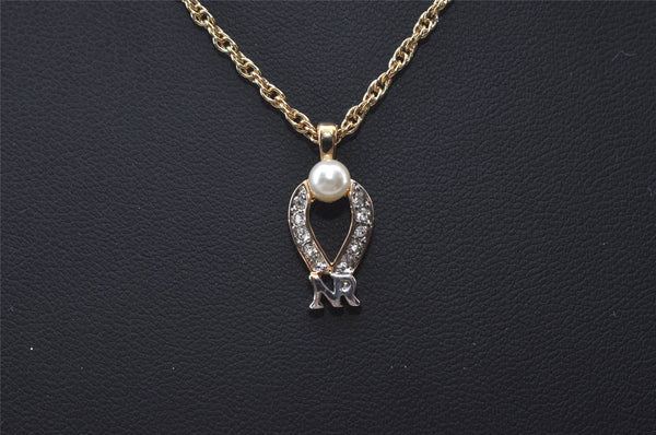Authentic NINA RICCI Gold Tone Imitation Pearl Rhinestone Chain Necklace 0661J