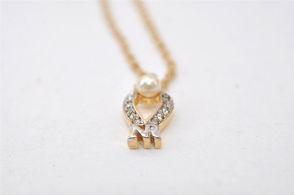 Authentic NINA RICCI Gold Tone Imitation Pearl Rhinestone Chain Necklace 0661J