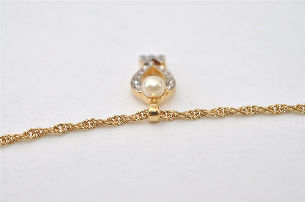 Authentic NINA RICCI Gold Tone Imitation Pearl Rhinestone Chain Necklace 0661J