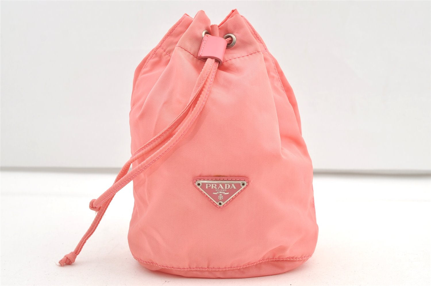 Authentic PRADA Nylon Tessuto Leather Drawstring Hand Bag Pouch Purse Pink 0666K