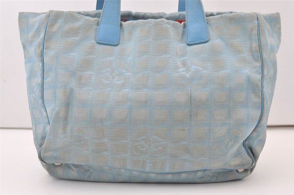 Authentic CHANEL New Travel Line Shoulder Tote Bag Nylon Leather Blue 0668J