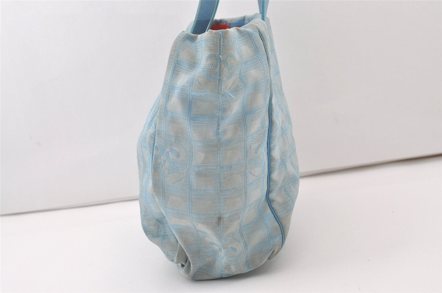Authentic CHANEL New Travel Line Shoulder Tote Bag Nylon Leather Blue 0668J