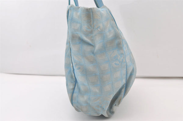 Authentic CHANEL New Travel Line Shoulder Tote Bag Nylon Leather Blue 0668J