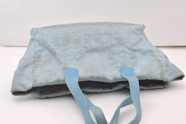 Authentic CHANEL New Travel Line Shoulder Tote Bag Nylon Leather Blue 0668J