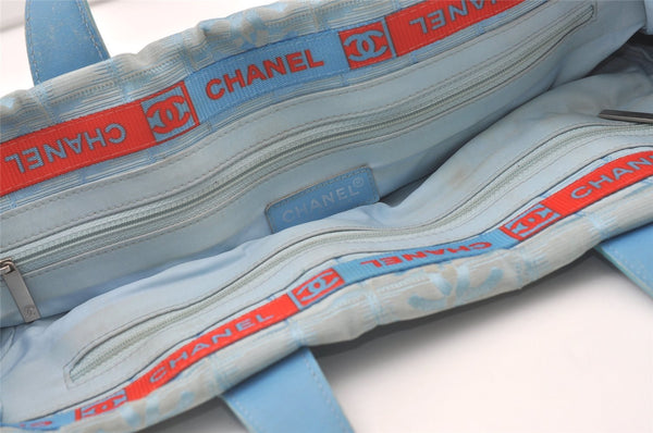Authentic CHANEL New Travel Line Shoulder Tote Bag Nylon Leather Blue 0668J