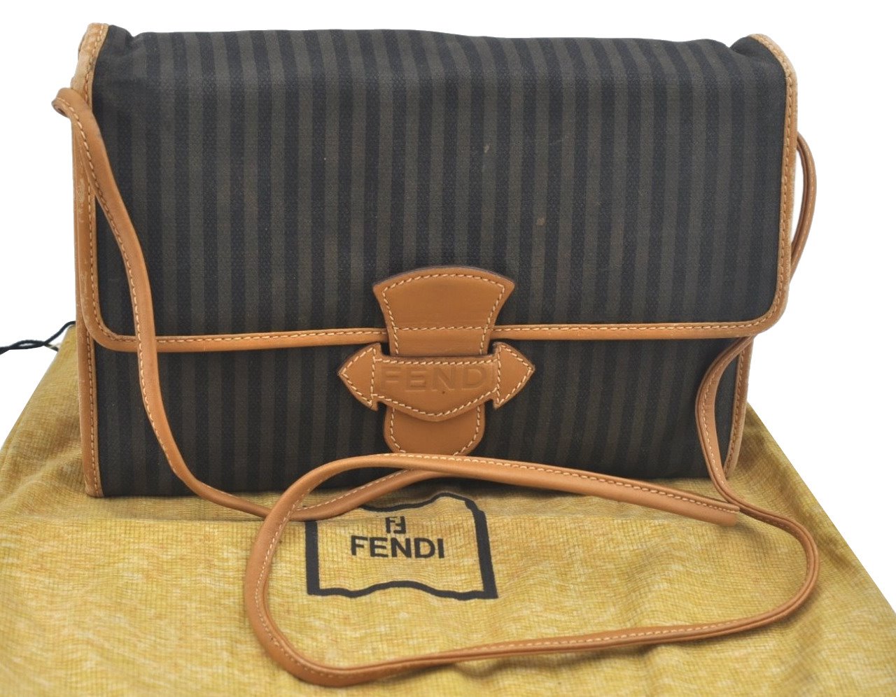 Authentic FENDI Pequin Shoulder Cross Bag Purse Canvas Leather Brown Black 0671J