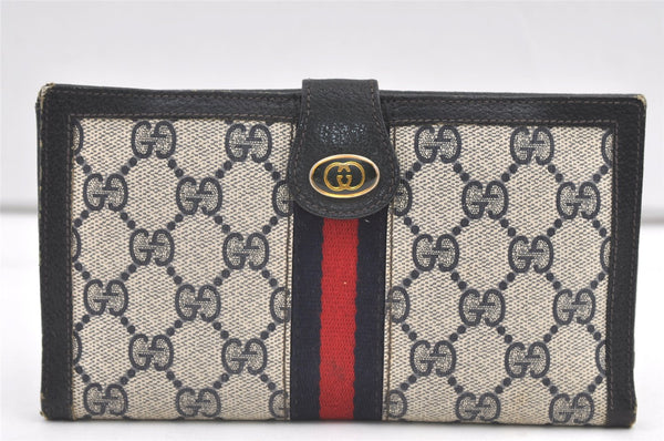 Authentic GUCCI Sherry Line Long Wallet Purse GG PVC Leather Navy Blue 0671K