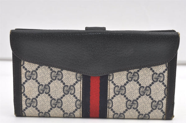 Authentic GUCCI Sherry Line Long Wallet Purse GG PVC Leather Navy Blue 0671K