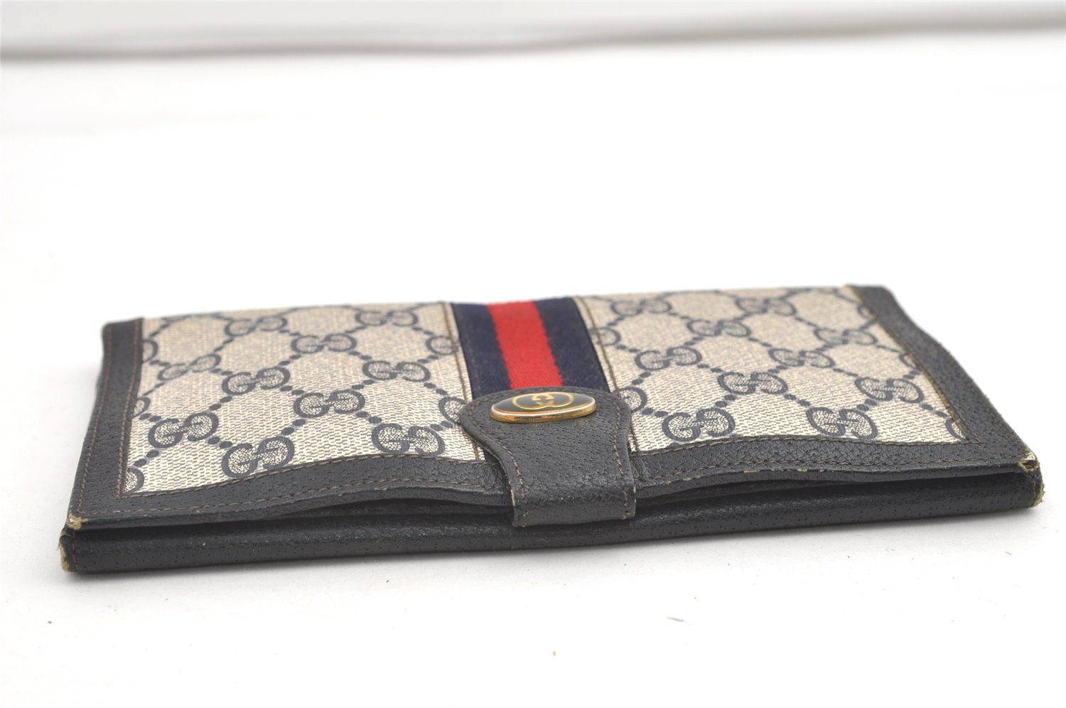 Authentic GUCCI Sherry Line Long Wallet Purse GG PVC Leather Navy Blue 0671K