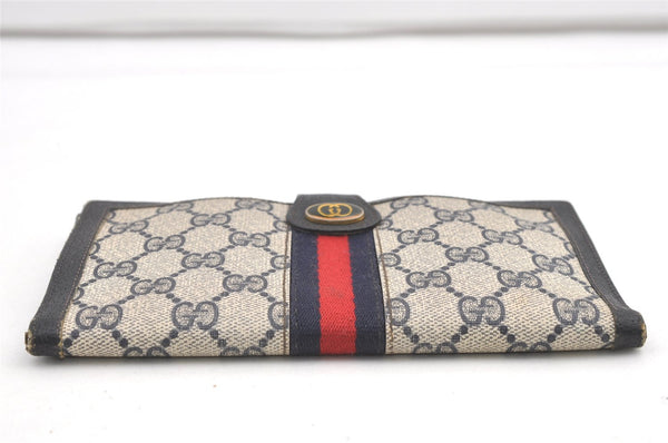 Authentic GUCCI Sherry Line Long Wallet Purse GG PVC Leather Navy Blue 0671K