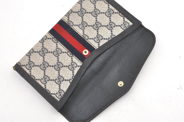 Authentic GUCCI Sherry Line Long Wallet Purse GG PVC Leather Navy Blue 0671K