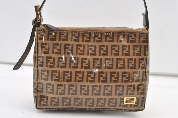 Authentic FENDI Vintage Zucchino Hand Bag Pouch Purse PVC Leather Brown 0676K