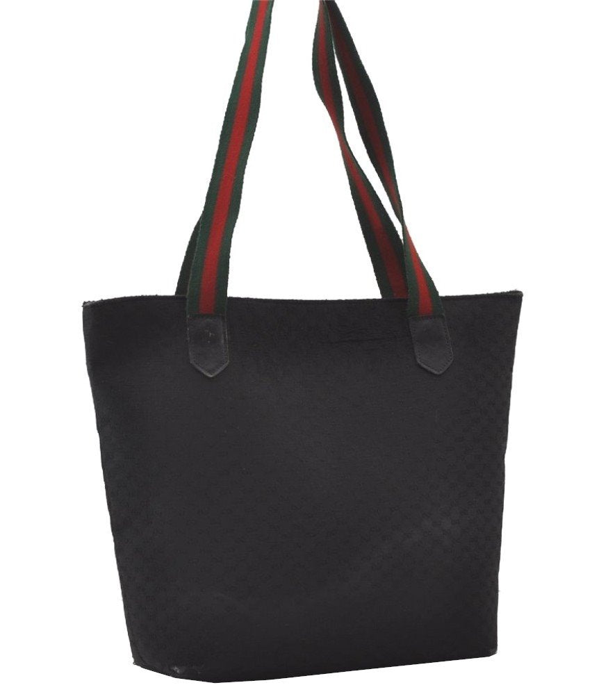 Authentic GUCCI Web Sherry Line Micro GG Canvas Leather Tote Bag Black 0677J