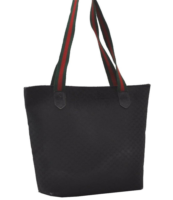 Authentic GUCCI Web Sherry Line Micro GG Canvas Leather Tote Bag Black 0677J