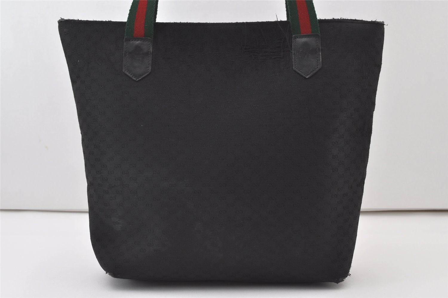 Authentic GUCCI Web Sherry Line Micro GG Canvas Leather Tote Bag Black 0677J
