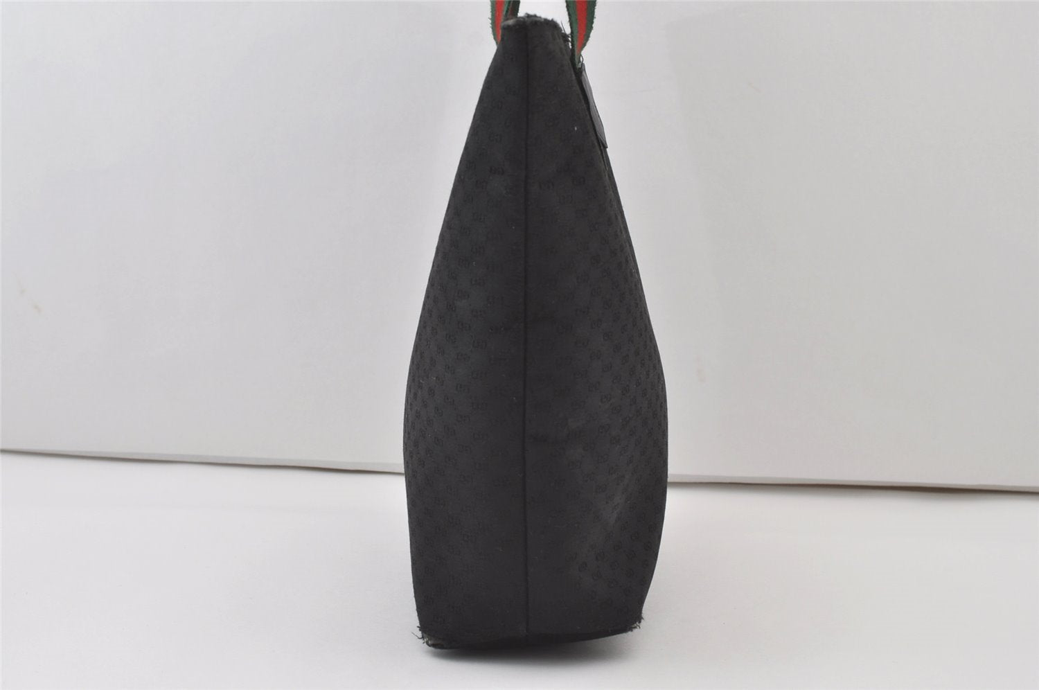 Authentic GUCCI Web Sherry Line Micro GG Canvas Leather Tote Bag Black 0677J
