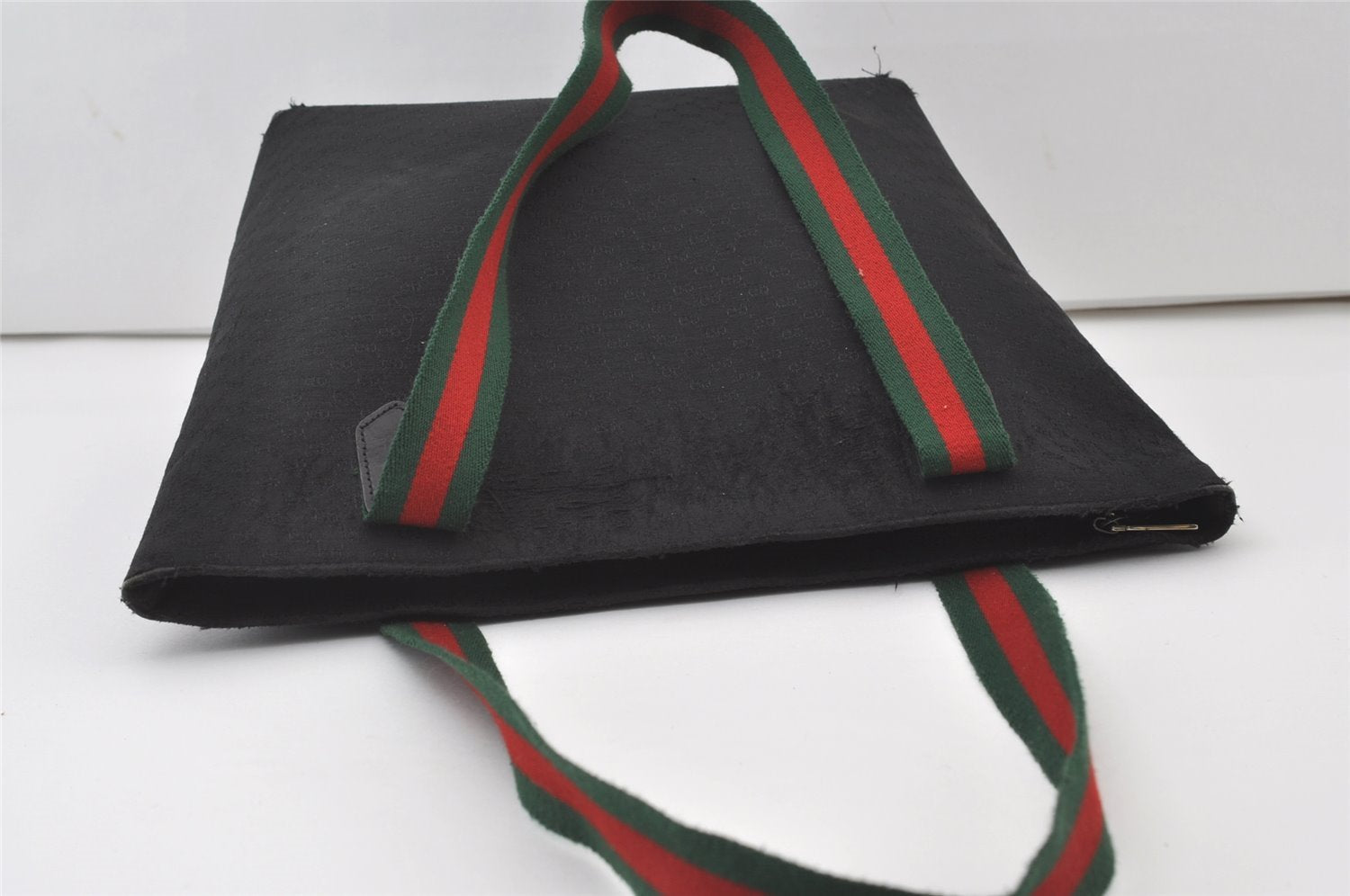 Authentic GUCCI Web Sherry Line Micro GG Canvas Leather Tote Bag Black 0677J