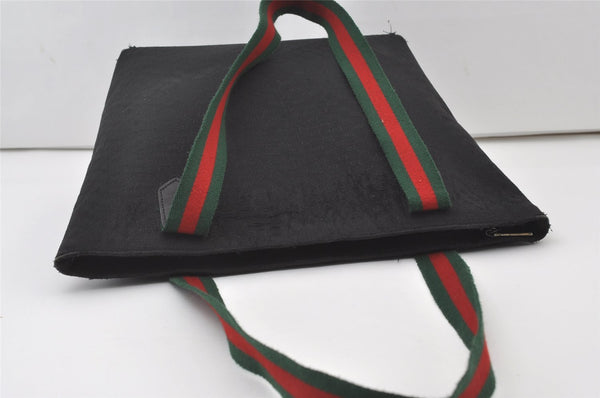 Authentic GUCCI Web Sherry Line Micro GG Canvas Leather Tote Bag Black 0677J