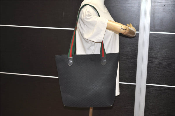 Authentic GUCCI Web Sherry Line Micro GG Canvas Leather Tote Bag Black 0677J