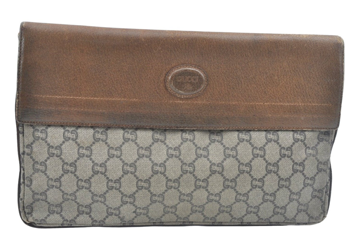Authentic GUCCI GG Plus Clutch Hand Bag Purse GG PVC Leather Brown Junk 0679J