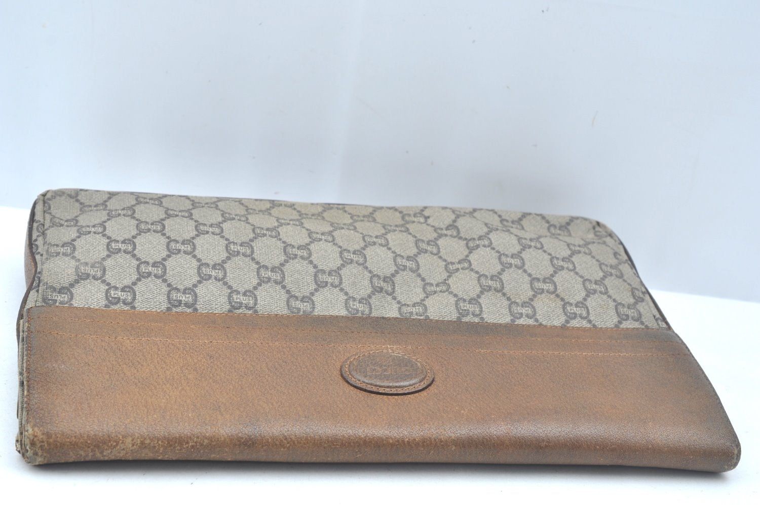 Authentic GUCCI GG Plus Clutch Hand Bag Purse GG PVC Leather Brown Junk 0679J